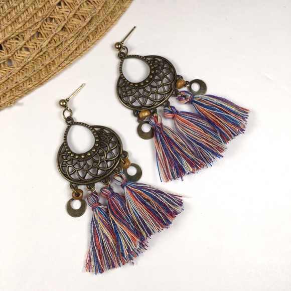 Vintage Boho Multicolored Tassel Earrings - Picture 3 of 4